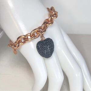 Bronzo Italia Rose Tone Rolo Link Bracelet With Black Spinel Heart Charm